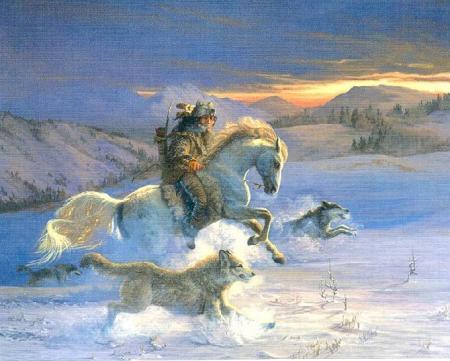 Guerrier indien � cheval accompagn� de ses loups